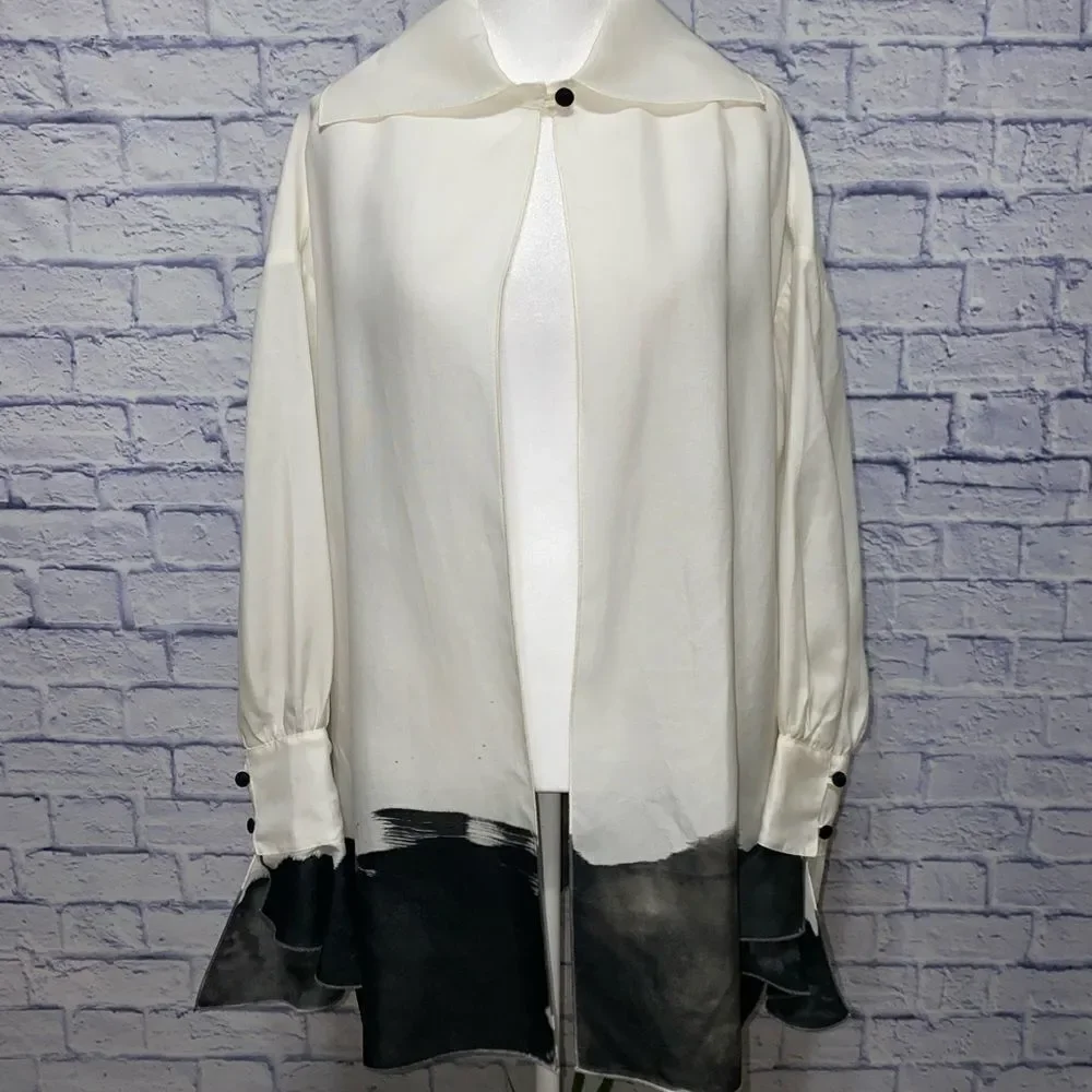 margot rozanska black/white Open Jacket semi sheer 100% silk M Hand Painted Vtg